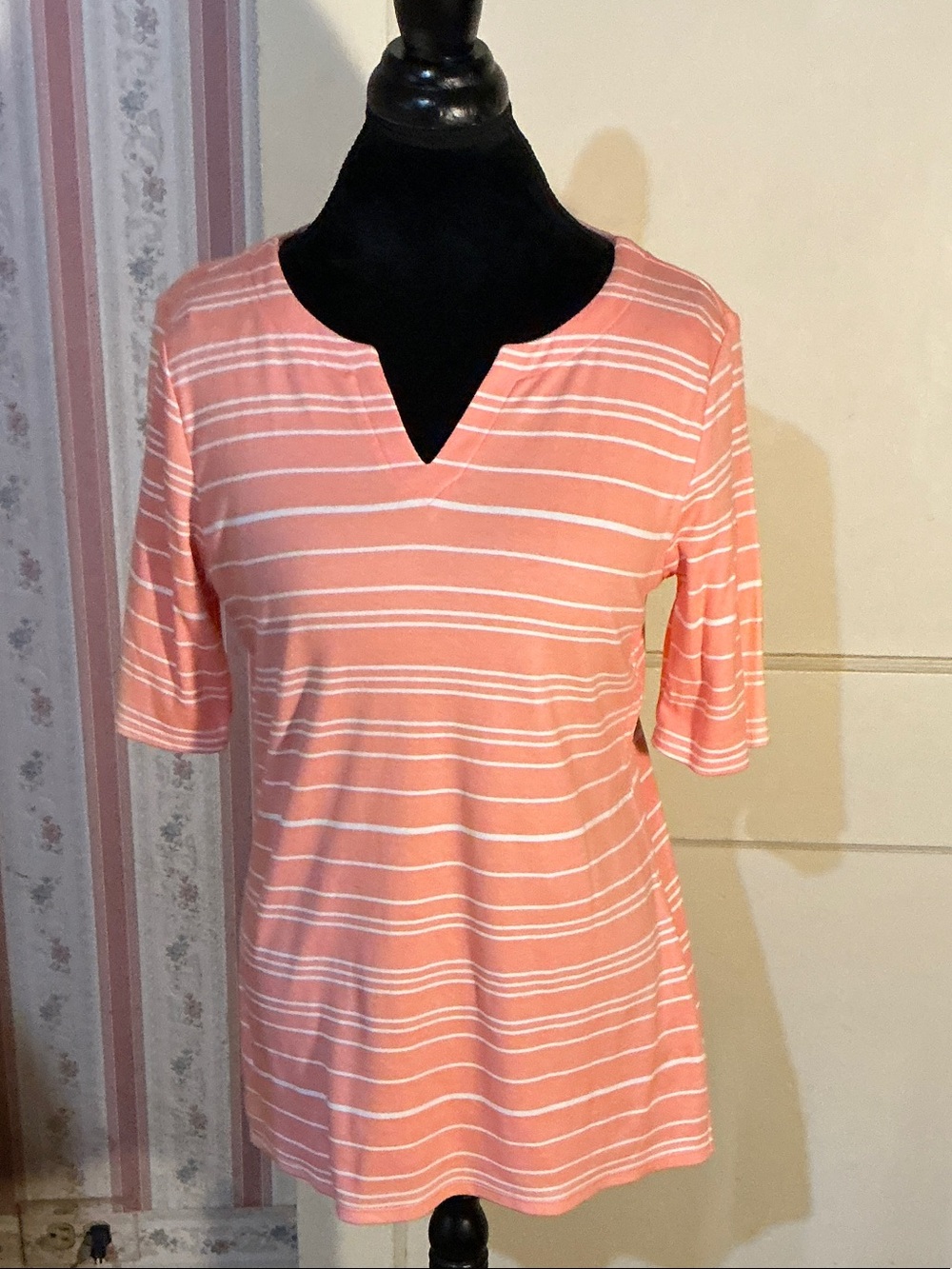 croft & barrow Coral and White Striped Notch-Neck Short Sleeve Top